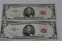 2 Nice 1963 Red Seal Five Dollar Notes