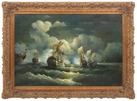Large 20th Century Oil On Canvas Naval Battle