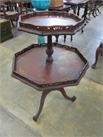 Inlaid 2 tier table w. carved pie crust