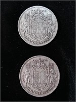 2 pièces de monnaie, 50 cents 1940, en argent