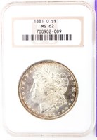 Coin 1881-O Morgan Silver Dollar NGC MS62