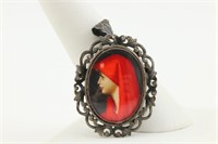 Woman in Red Miniature Pendant. 800 Silver
