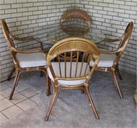 Vintage Rattan & Glass Table and 4 Chairs