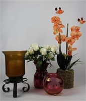 Glass/Metal Candle Holder, Red Vase & Bowl
