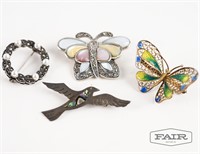 3 Sterling Brooches and Silver Enameled Butterfly