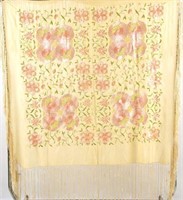 Antique silk pale green shawl w pink green floral
