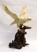 Bone Carved Sculptural Eagle on carved stand