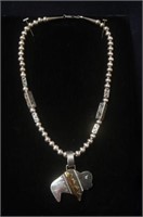 Sterling silver beaded necklace w buffalo pendant