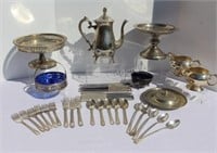 Silver Plate Coffee Pot, Cutlery & Serving Dishes