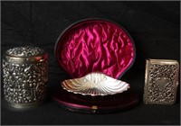 19th c. Embossed silver book cover, jar & shell