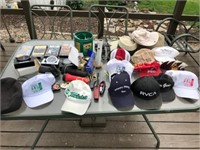 Collection of hats, caps, movies, stick lighters,