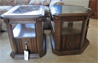 PAIR OF END TABLES WITH GLASS TOPS