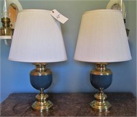 PAIR OF BRASS  AND BLUE TABLE LAMPS