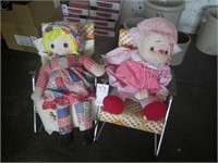 2 Raggedy Ann dolls and 2 rocker chairs