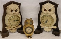 LOT OF 3 FIGURAL OWL CLOCKS, UNKNOWN WORKING