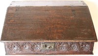 18TH C. CARVED OAK BIBLE BOX, SLANT LID, REPLACED