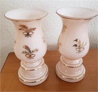 Pair Pink Glass Vases, Gold Trimmed