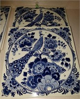 Pair Blue/ White Delft Tiles - Peacock Design