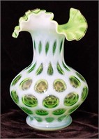 FENTON Green Opalescent Coin Dot Ruffled Vase