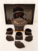 Japanese Cast iron Dragon Teaset  Lacquerware Tray