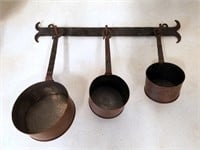 3 Primitive French Copper Pans & 16" Iron Rack