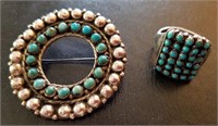 Mexican Petitpoint Turquoise & Silver Pin & Ring