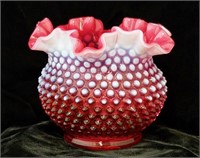 FENTON Opalescent Hobnail Cranberry Ruffled Vase