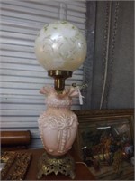 Pink Ruffle Top Parlor Lamp W/ Brass Base