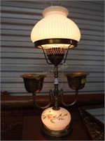 Hand Painted Milk Glass & Brass Table Lamp