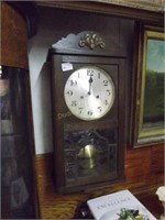Oak Cased Wall Clock W/ Beveled Glass Panel Front