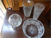 4 Crystal Pcs, Vases, Rose & Berry Bowls