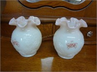 2 Pink Ruffled Top Hand Decorated Milk Glass Vases