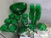 Forest Green Depression Bowl & Glassware 19 Pcs