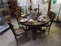 Oak Claw Footed Table, 6 Press Back Chairs & 2 Lea