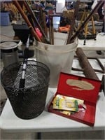 Fish poles, Antique tip-ups, basket and lures