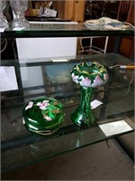 Pair of green glass  cover bowl and a flare top