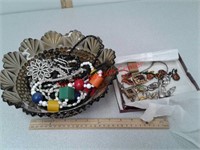 Glass bowl and costume jewelry