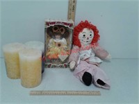 Vintage Raggedy Ann doll, candles +++