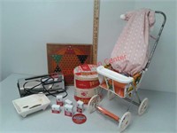 Vintage baby doll stroller, potato chip can,