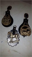 3 PIECES DECORATIVE HORSE BRASS ON LEATHER FOBS