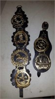 6 PIECES DECORATIVE HORSE BRASS ON LEATHER FOBS