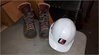 PAIR BROWN SIZE 8 WORK BOOTS & WHITE HARD HAT