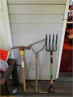 Lot of Outdoor Pick Axe, Hay Rake, & Spading Fork