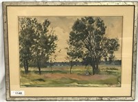 Watercolor on Paper, Picnic Landscape, Signed