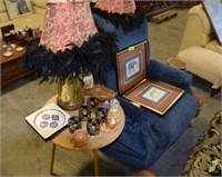 CHAIR, FOOTSTOOL, ASSORTED DECORATIONS AND PICTURE