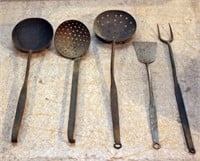butchering tools -- strainer, spatula & fork;