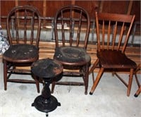 6 arrowback plank chairs, 2 round back chairs,