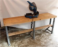 Ryobi 10" mitre saw on lg workbench w/lower shelf,