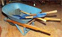 blue metal wheelbarrow w/wdn handles, rubber