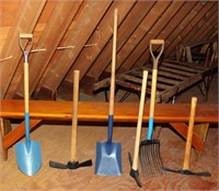 6 hand tools including shovel, sq shovel, sm stone
